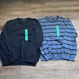 Tommy Hilfiger Men's Crewneck Sweaters - Black & Blue Striped Size-XL